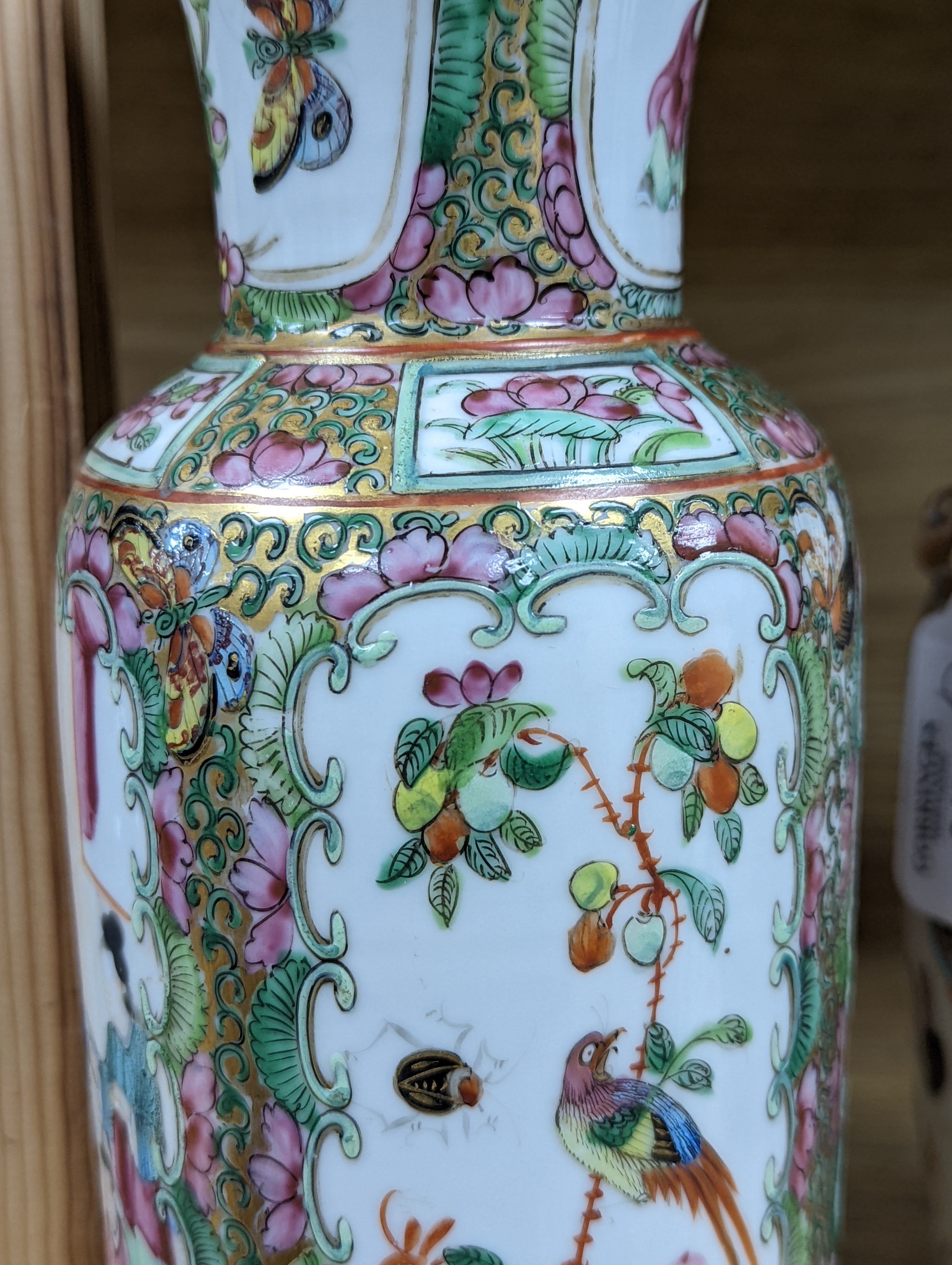 Two Chinese famille rose vases, late 19th century, tallest 26 cm, one wood stand, some restoration